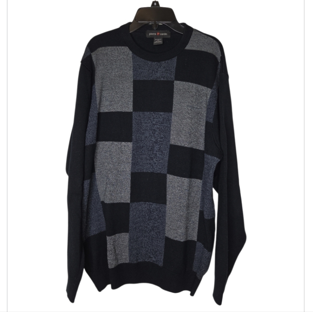 Pierre Cardin Vintage Men's Navy Gray  Geometric Grid Acrylic Sweater Size M